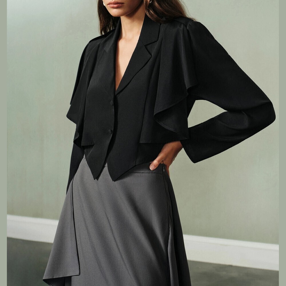 Black Draped Cascade Ruffle Lapel Long Sleeve Cropped Lightweight Blazer